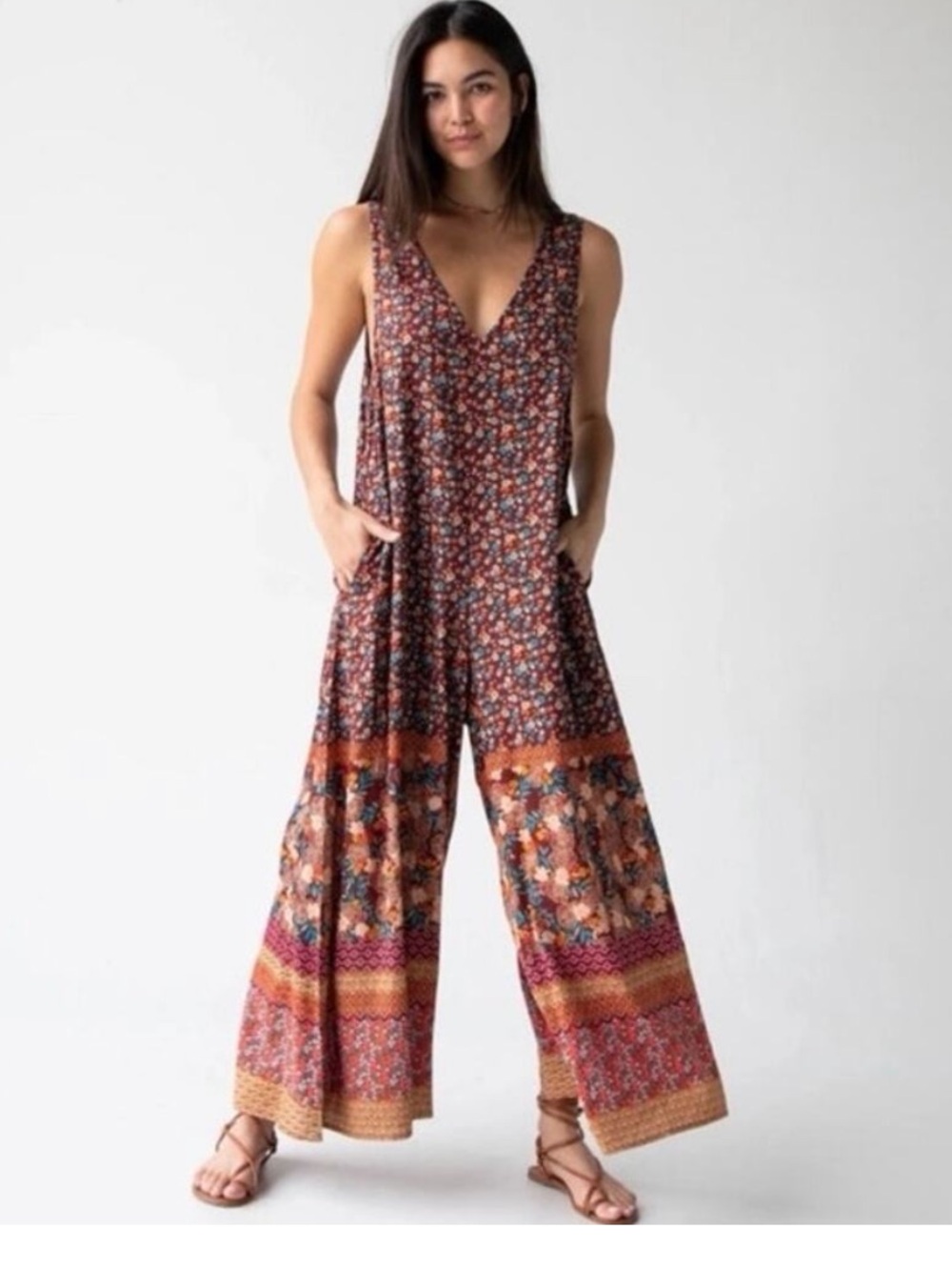 Natural Life Let's Just Go Wide Leg Jumpsuit Boho Floral Print L/XL Oversized